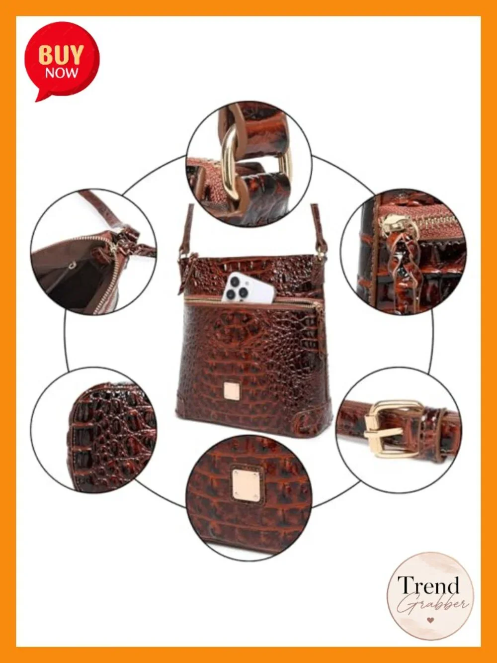 Women Crocodile Shoulder Flat Square Handbag Vegan Leather Crossbody Purse